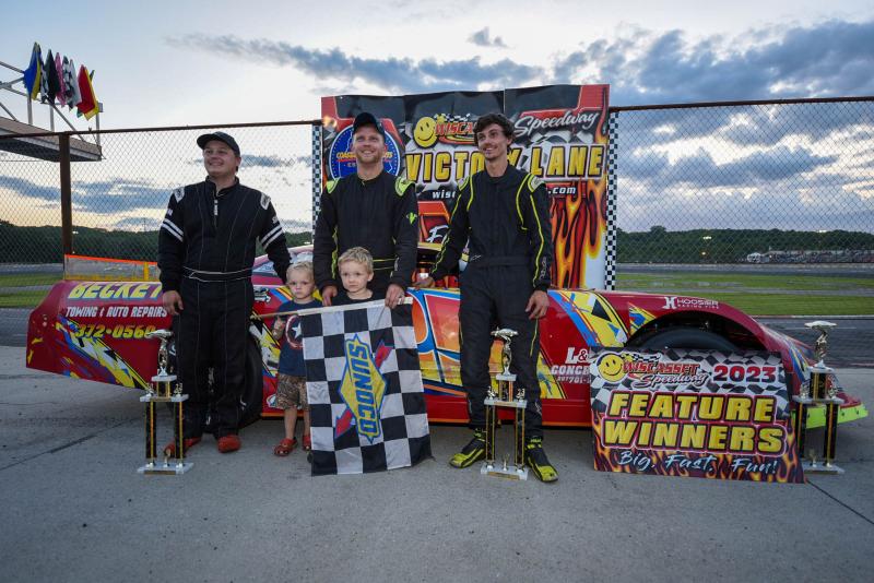 Late Model top 3, from left: Jon Emerson, Will Collins (+ sons Landyn/Larson) and Tiger Colby. Courtesy of Steve Girard of SGirardPhotography