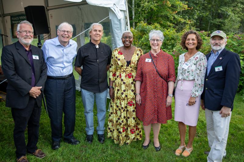 At the Aug. 13 event, from left: Michael Chaney - former executive director of the Frances Perkins Center and current homestead site manager; Earle G. Shettleworth Jr., Maine State Historian; John Bear Mitchell, Penobscot Nation Citizen; Mufalo Chitam, executive director of the Maine Immigrants’ Rights Coalition; Sarah Peskin, chair of the Frances Perkins Center Board of Trustees; Jennifer Abruzzo, general counselor for the National Labor Relations Board; Tomlin Perkins Coggeshall, Frances Perkins’ grandson. Kari Herer photo