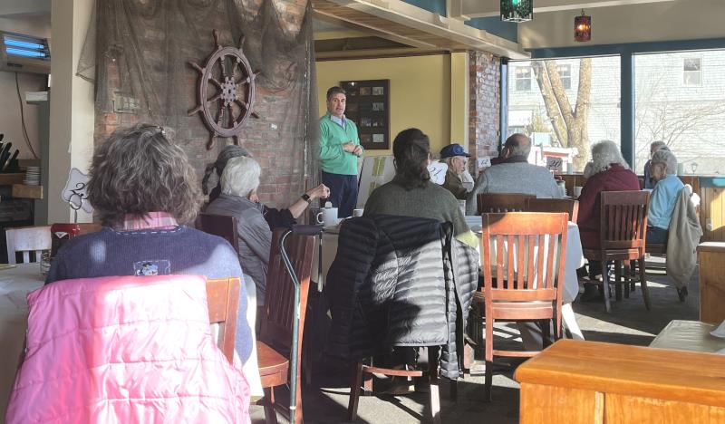 Everbrook Senior Living Chief Operating Officer Robert "Bob" Kelley (center) explains the company's vision for Islebrook Village at Wiscasset to patrons during a brunch-and-learn event hosted by Jodie's Cafe and Bakery in Wiscasset Feb. 8. Piper Pavelich photo