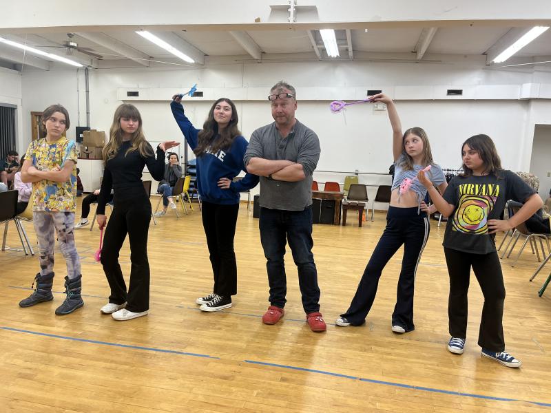 The Fairies in Training (Scout Martin, Jessie Ullo, Fiona Bishop, Kayla Watts) assist the Blue Fairy (Natalie Flagg) in her struggles with the unhappy Geppetto (Andy Luke). Emily Mirabile photo