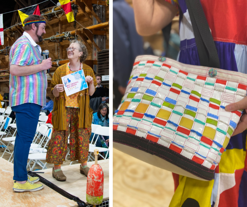 Kate Lamontagne who makes her own beautiful clothing at her store Kamala Boutique, found new inspiration in the region's nautical heritage. In addition to a nautical flag runway outfit, she created this incredible bag—which went for top (record-breaking) dollar at the auction!