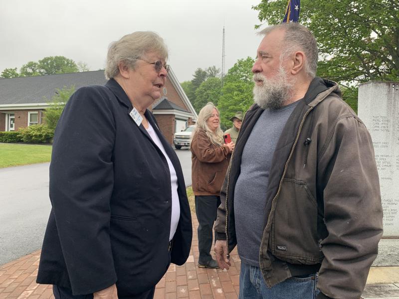 American Legion Post 54 Auxiliary President Diane Munsey and past Wiscasset selectman Ben Rines Jr. talk at the Post’s Memorial Day service May 27. SUSAN JOHNS/Wiscasset Newspaper