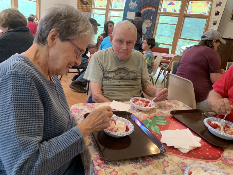 Wiscasset’s Nancy and Wally Roby were among many takers for the strawberry shortcake. SUSAN JOHNS/Wiscasset Newspaper