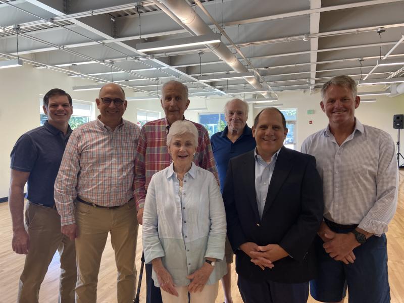 Y Board member Andy Hollon, Drew Tagliabue, Paul Tagliabue, Y board member Bill Haney, CEO Andy Hamblett, Y Board President Bruce Harris, and Chan Tagliabue at the Tagliabue Studio dedication event. Allyson Goodwin photo