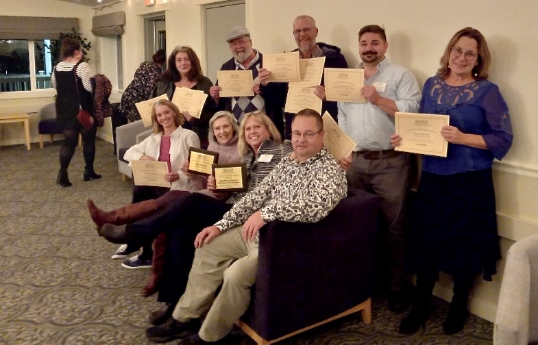 Boothbay Register, PenBayPilot.com crew at Maine Press Association conference 2024: Seated, Sarah Thompson, Janis Bunting, Sarah Morley and Bill Pearson; back row, Lisa Kristoff, Chris Wolf, Steve Edwards, Fritz Freudenberger and Lynda Clancy. (Photo courtesy Steve Bunting) Boothbay Register, PenBayPilot.com crew at Maine Press Association conference 2024