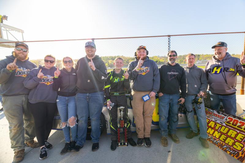 Daniel Harding and crew celebrate his Opening Day win in the Late Models. Jasen Dickey Photography Daniel Harding and crew celebrate his Opening Day win in the Late Models. Jasen Dickey Photography