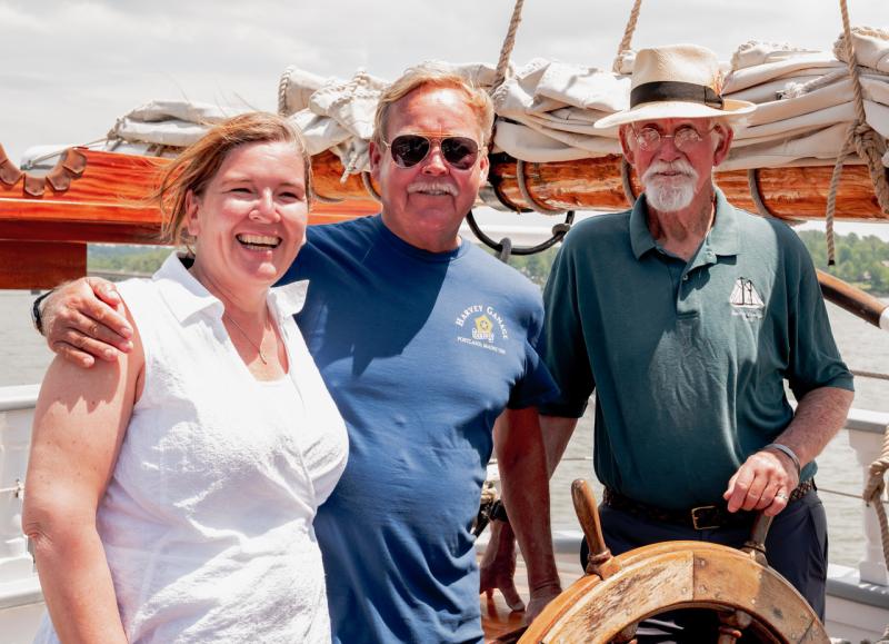 From left, Wiscasset Superintendent of Schools Kim Andersson, Captain John Bebe and JB Smith take part in schooner Harvey Gamage’s open house on Wiscasset’s waterfront June 22. Andersson said Smith is a longtime sailor on the vessel. Bob Bond/40 Federal Studio photo Harvey Gamage
