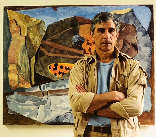 Joseph Fiore with his painting Virgo Tiger in 1987. The Maine Art Gallery and Maine Farmland Trust are collaborating on a retrospective of the artist’s six decades of work. Photo by Peggy McKenna, courtesy the Penobscot Marine Museum Joseph Fiore