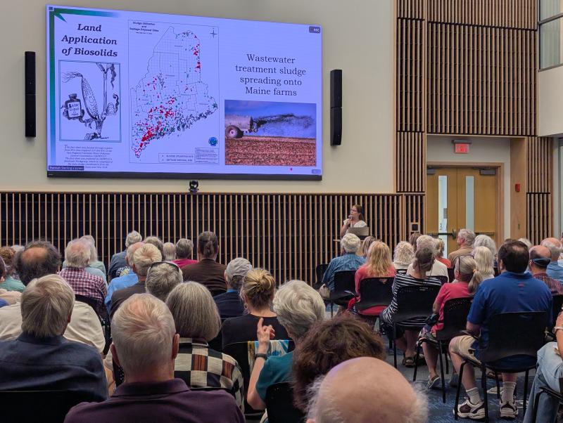 Hannah Sterling presents an interactive map of PFAS concentrations in Maine. CANDI JONETH/Boothbay Register Bigelow addresses PFAS contamination in Casco Bay and beyond