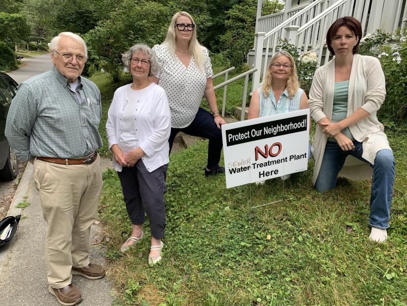 From left, John Davis, Jane Johnston, Amanda Dawnrich, Tanya Hammond and Shannon Babcock are fighting putting the wastewater sewer plant where public works is now. SUSAN JOHNS/Wiscasset Newspaper Sewer plant move issue