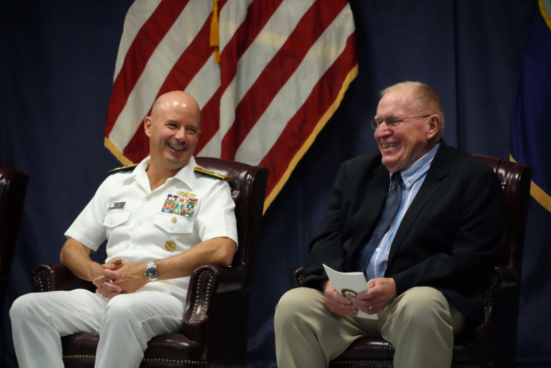 Capt. (ret) Floyston "Bud" Weeks, sits next to Adm. Jim Kilby, Acting Chief of Naval Operations, during his retirement ceremony at SWSC Newport, Naval Station Newport, R.I., July 18, 2025. John Goulette photo Capt. (ret) Floyston "Bud" Weeks, sits next to Adm. Jim Kilby, Acting Chief of Naval Operations, during his retirement ceremony at SWSC Newport, Naval Station Newport, R.I., July 18, 2025. John Goulette photo