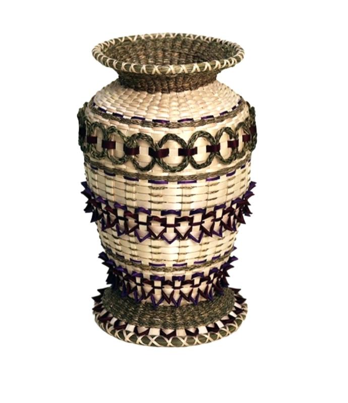 Brown ash and sweetgrass vase. Debora Nicholas, 2021, exhibited at UME Hudson Museum. Courtesy photo