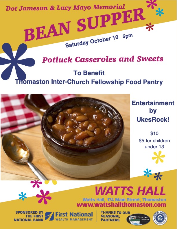 A colorful poster with a picture of a crock of beans and information about the bean supper event. This information is transcribed in the article.