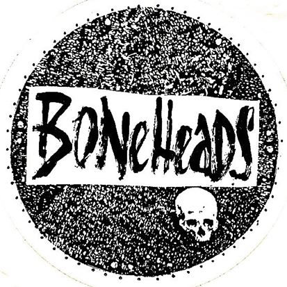 A circular black and white graphic that looks a bit like TV static, with the word BONEHEADS in the center. Underneath the word BONEHEADS is a small skull.