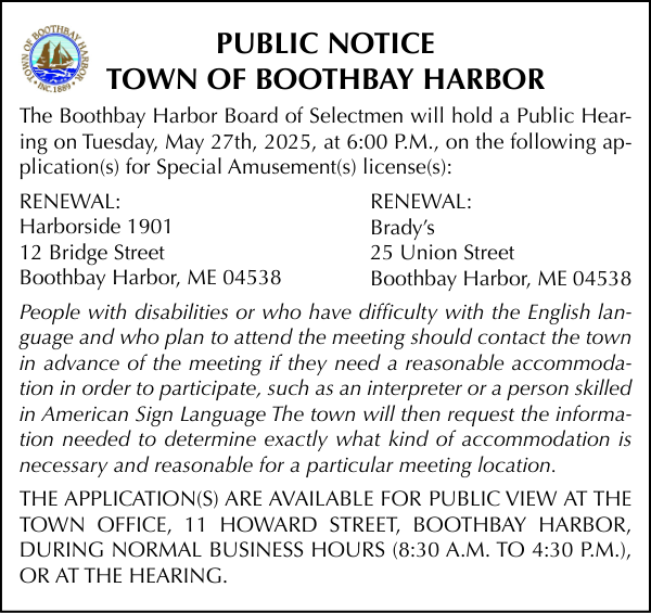 Town of Boothbay Harbor Public Hearing Special Amusement 5-27-25