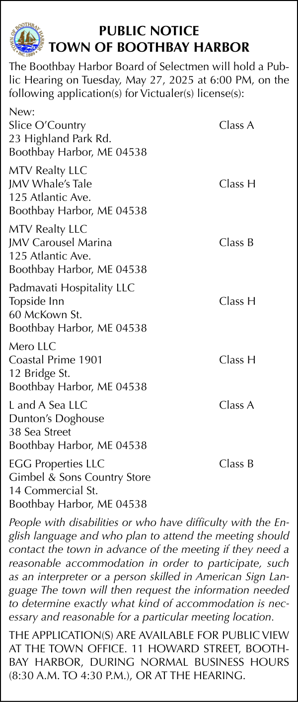 Town of Boothbay Harbor Public Hearing Victualers License 5-27-25