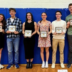 BRHS indoor track athletes and their awards. From left to right, Abbie Clark (Coach's Award), AJ Crocker (MVP), Rose Campbell (MVP), Karen Higgins (Most Improved), Cleyton Splaine (Coach's Award), and Neal Baldwin (Most Improved). Courtesy Leah Plummer 