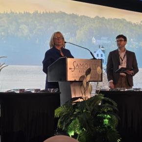 Rep. Holly B. Stover, D-Boothbay, accepts HospitalityMaine’s inaugural Legislative Champion award. Courtesy of Amy Sylvester