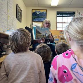 Deb Johnson of the Maine Mineral and Gem Museum in Bethel speaks to CTL students about fossils as part of all-school geology and paleontology study. Courtesy of CTL