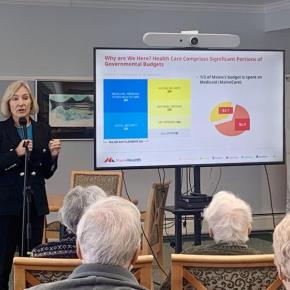 Katie Harris, MaineHealth’s vice president of government affairs, talks upcoming healthcare challenges expected to hit Mainers. ISABELLE CURTIS/Boothbay Register