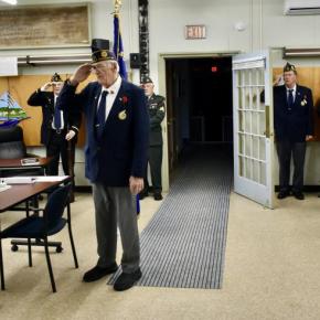 William Cossette, American Legion Post Commander leads the Pledge of Alligence at Monday's memorial day service. PHIL Di VECE/Wiscasset Newspaper