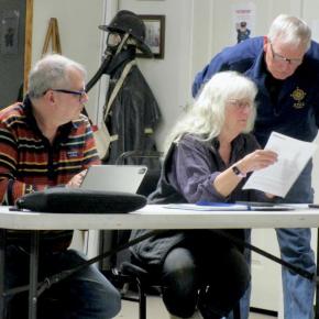 Chairman David King, Sr. looks over the wording of the warrant article with selectman Allison Hepler. Seated at the left is Selectman Tommy Davis. PHIL DI VECE/Wiscasset Newspaper