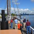 Museum visitors chat with docent Chet Hopkins on deck of the Grand Banks Fishing Schooner Sherman Zwicker this past season. The vessel, owned by the Grand Banks Schooner Trust, winters in Boothbay Harbor and berths at Maine Maritime Museum in Bath during the summer season. Courtesy of Maine Maritime Museum