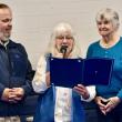 Mary King, (far right) a Woolwich ballot clerk for 50 years was the recipient of the town’s “Spirit of America” award. Also pictured are Selectman Jason Shaw and Allison Helper. PHIL DI VECE/Wiscasset Newspaper