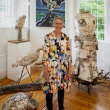 Sculptor Lesia Sochor with her 3D animals made of birch bark at the opening of "Song of the Wild" at the Maine Art Gallery. Photo by Bob Bond