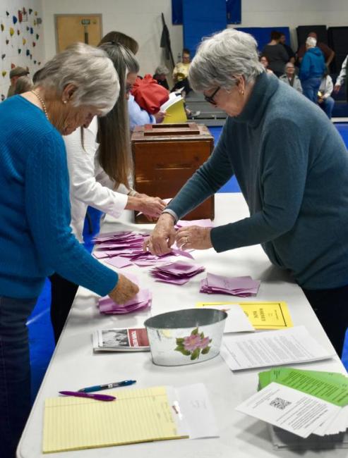 Ballot clerks count ballots at the annual town meeting on a motion concerning library funding.  PHIL DI VECE/Wiscasset Newspaper