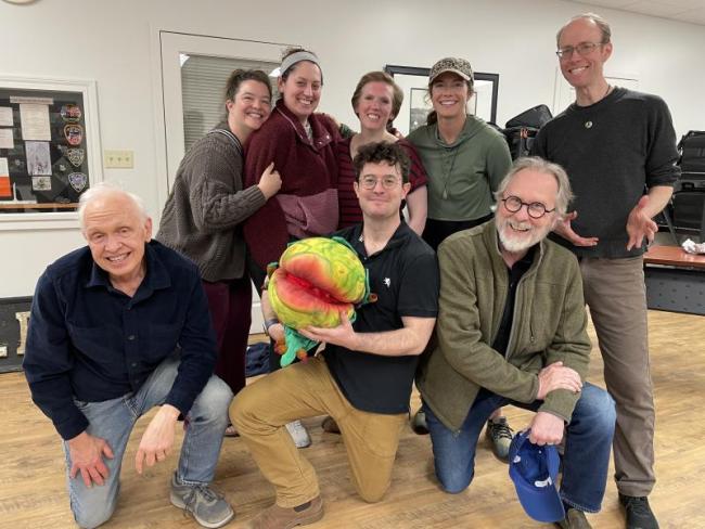 The LCCT cast of "Little Shop of Horrors, from back, left: Kelly Caufield, Eliana Goldberg, Emily Sue Barker, Molly Frantzen, Derek Kingsley. Front, from left: Andy Barber, Niall Lessard, and Ron Capps. Courtesy of the venue