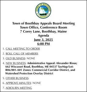 Town of Boothbay Board of Appeals Meeting Agenda