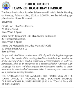 Town of Boothbay Harbor Public Hearing Liquor Licenses 2-23-26