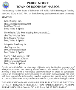 Town of Boothbay Harbor Public Hearing Liquor Licenses 5-26-26