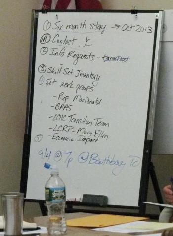  the task force set its objectives for its first week, which Chaousis noted on a white board. First on their list, a 6 month moratorium for hospital changes that would push the earliest change could occur to October 2013. JOHN EDWARDS/Boothbay Register