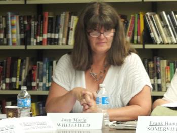Joan Morin, a Whitefield representative on the RSU 12 school board, joined in a discussion on student performance and dropout rates during a presentation at Wiscasset High School on Aug. 9. JOHN MAGUIRE/Wiscasset Newspaper
