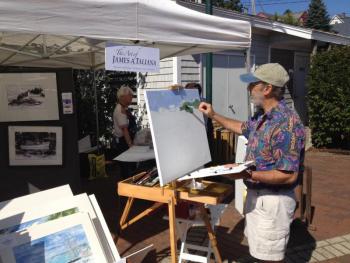James Taliana of Boothbay Harbor begins a painting in Waterfront Park. JOHN MAGUIRE/Boothbay Register