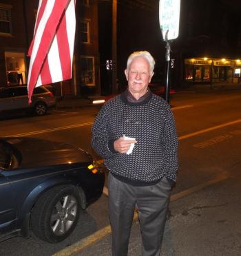 Bruce MacDonald outside the Lincoln Country Democrat headquarters in Damariscotta. MacDonald continually checked for updates throughout the night. RYAN LEIGHTON/Boothbay Register Bruce MacDonald outside the Lincoln Country Democrat headquarters in Damariscotta. MacDonald continually checked for updates throughout the night. RYAN LEIGHTON/Boothbay Register