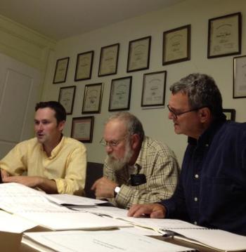 Second Alna Selectman Jonathan Villeneuve, far left, First Selectman David Abbott and Third Selectman David Reingardt grapple with how best to convey the town's financial picture to residents. SUSAN JOHNS/Wiscasset Newspaper