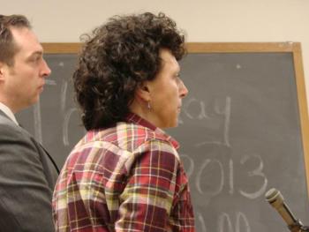 Assistant District Attorney Andrew Wright, left, and former Alna town clerk Karen L. Smith of Edgecomb in Wiscasset District Court November 28. SUSAN JOHNS/Wiscasset Newspaper