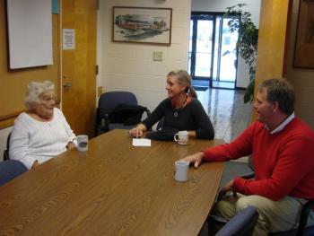 Boothbay Region YMCA's annual fund drive chairwoman Maxine Tourtillotte, Y spokeswoman Meagan Hamblett and Y executive director Andy Hamblett, discuss the drive and Tourtillotte's longtime membership with the organization. SUSAN JOHNS/Wiscasset Newspaper