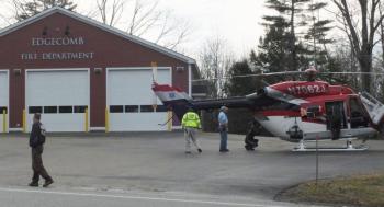 This LifeFlight helicopter transported a man from the Edgecomb Fire Station to Central Maine Medical Center in Lewiston. JOHN MAGUIRE/Wiscasset Newspaper