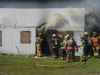 Firefighters take part in drills at the Gordon Merry fire training center in Wiscasset. JOHN MAGUIRE/Wiscasset Newspaper
