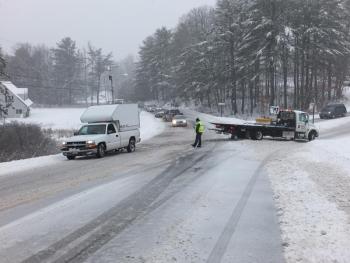 Due to the inclement weather, a truck slid off the road near the intersection of Route 1 and Route 27 in Edgecomb. By approximately 2:15 p.m., Lincoln County Sheriff's Office responded to the scene. Traffic was stopped as a tow truck pulled the vehicle out of the ditch. No damage or injury was reported and the truck left the scene after being freed. Traffic resumed as of 2:25 p.m. 