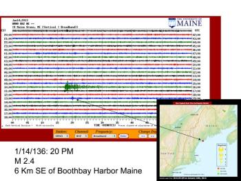 The University of Maine seismometer charted the 2.5-magnitude earthquake off Boothbay Harbor on January 14. Alice Kelley, a faculty member in the UMaine School of Earth and Climate Sciences, prepared a seismometer graphic displaying the occurrence. Below: A Google Maps image of the epicenter's location, marked by a green arrow. The University of Maine seismometer charted the 2.5-magnitude earthquake off Boothbay Harbor on January 14. Alice Kelley, a faculty member in the UMaine School of Earth and Climate Sciences, prepared a seismometer graphic displaying the occurrence.