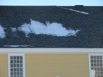 The Committee for Alna History is looking into whether or not this recent roof damage will give water a path into the Alna Meetinghouse. SUSAN JOHNS/Wiscasset Newspaper