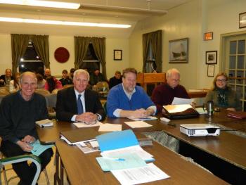 Members of the Wiscasset Investment Committee. From left are Frank Barnako, H. M. Payson CEO Peter Robinson, H. M. Payson representative Daniel Lay, Steve Mehrl, and Wiscasset Treasurer Shari Fredette. CHARLOTTE BOYNTON/Wiscasset Newspaper