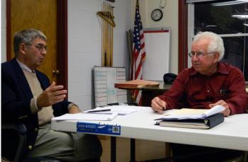 Attorney Geoffrey Hole, left, and consultant Ray Poulin each speak on the RSU 12 withdrawal process. CHARLOTTE BOYNTON/ Wiscasset Newspaper