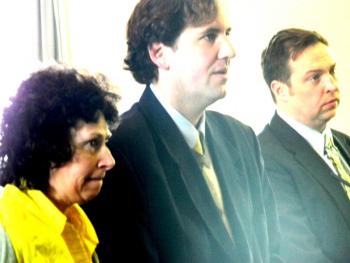 Karen Smith of Edgecomb, left, her attorney Jeremy Pratt, and Assistant District Attorney Andrew Wright take part in a February 4 proceeding in Lincoln County Superior Court. SUSAN JOHNS/Wiscasset Newspaper