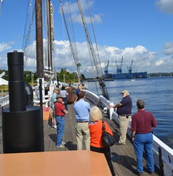 Museum visitors chat with docent Chet Hopkins on deck of the Grand Banks Fishing Schooner Sherman Zwicker this past season. The vessel, owned by the Grand Banks Schooner Trust, winters in Boothbay Harbor and berths at Maine Maritime Museum in Bath during the summer season. Courtesy of Maine Maritime Museum Museum visitors chat with docent Chet Hopkins on deck of the Grand Banks Fishing Schooner Sherman Zwicker this past season. The vessel, owned by the Grand Banks Schooner Trust, winters in Boothbay Harbor and berths at Maine Maritime Museum in Bath during the summer season. Courtesy of Maine Maritime Museum